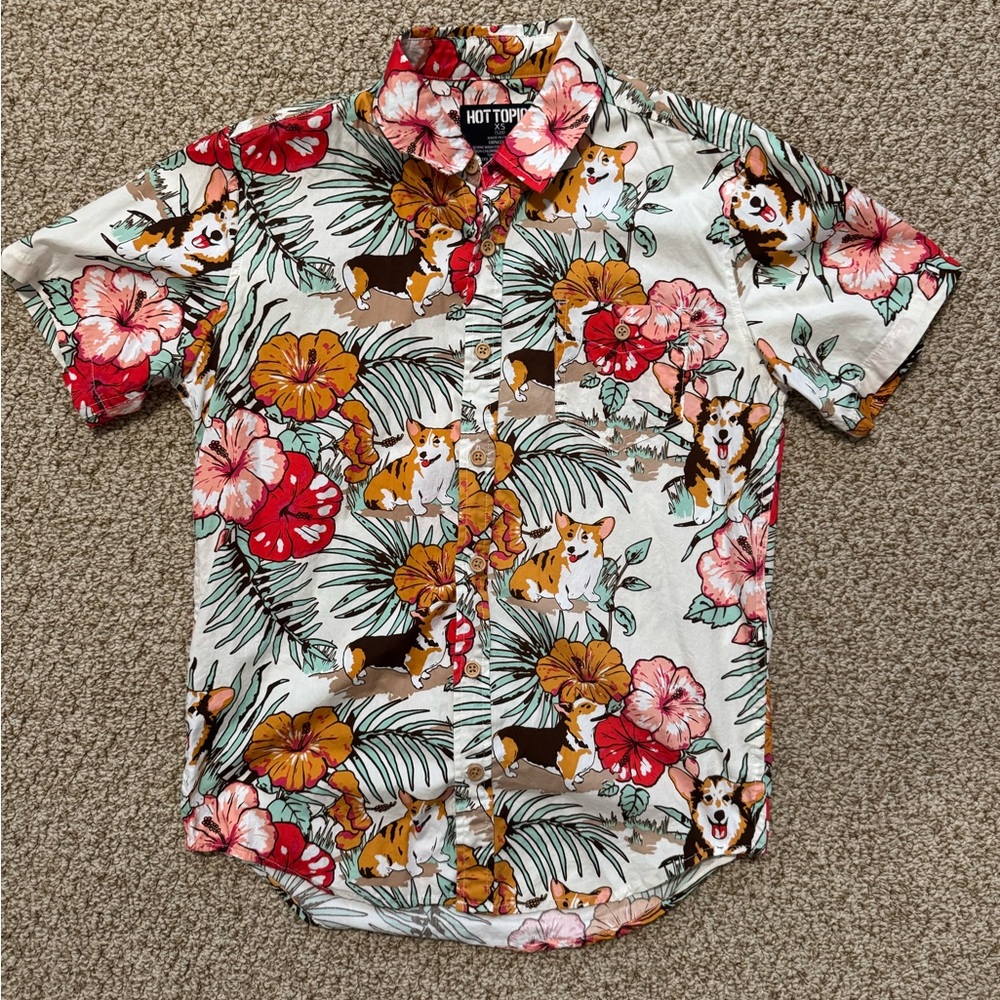 Hot Topic Men's Corgi Floral Shirt - Red and Orange